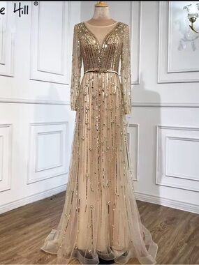 Embellished Champagne Long-Sleeve Evening Gown – Formal Occasion